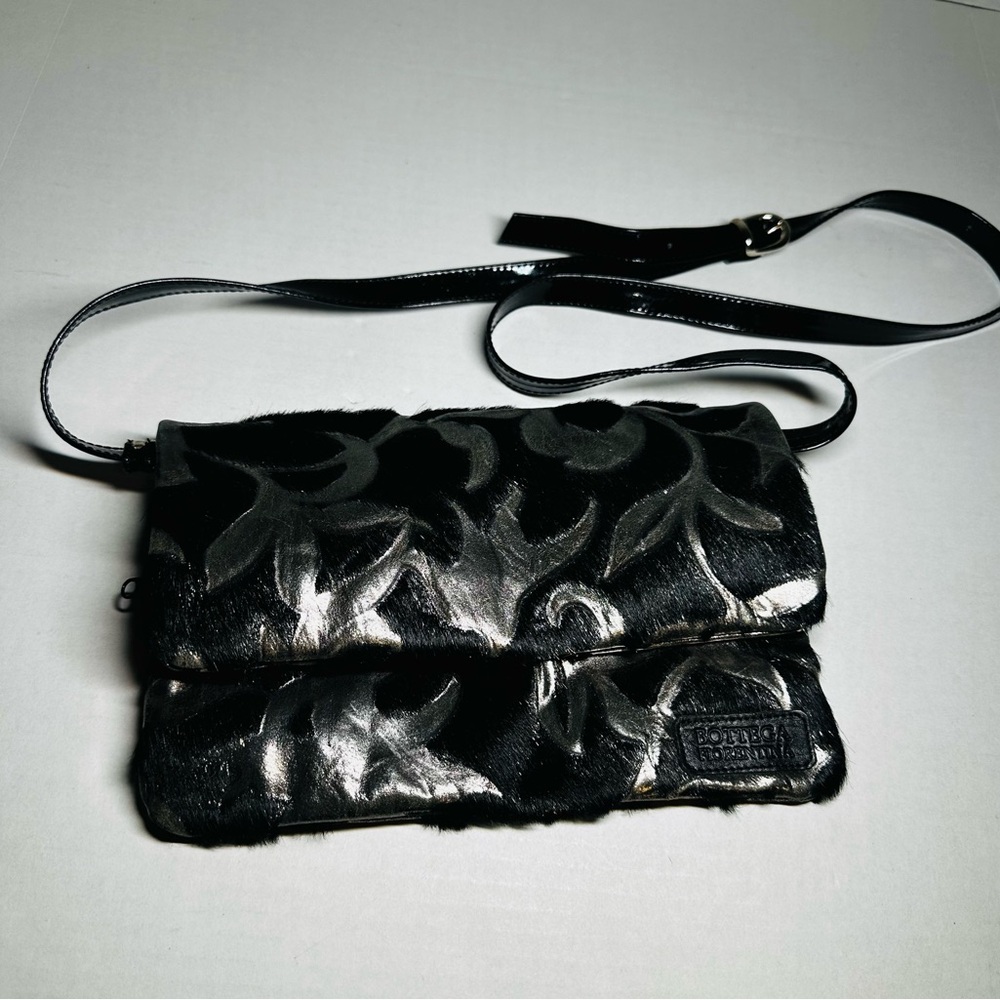 Bottega Fiorentina Italy Purse black fur with Metallic gunmetal leather printed